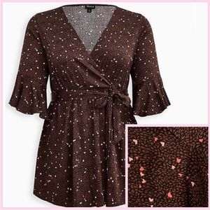 Torrid Babydoll Surplice Tie-Front Top in Black, Brown & Pink Heart Print - 2x